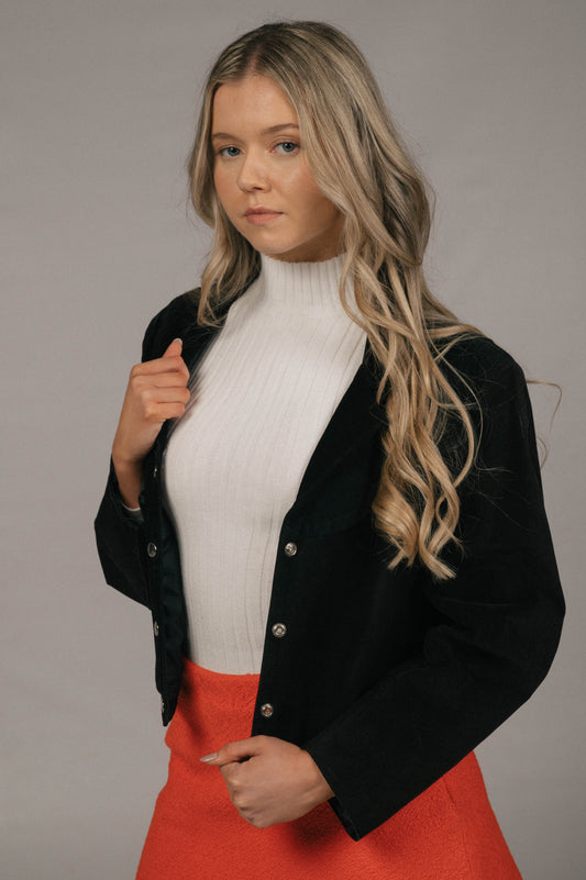 Vintage suede black jacket with long sleeves and front buttons front view - Lemon Lane Vintage