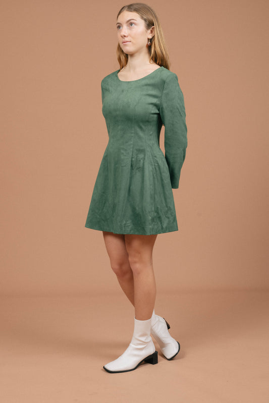 Vintage emerald velvet long sleeve mini A-line dress side view - Lemon Lane Vintage