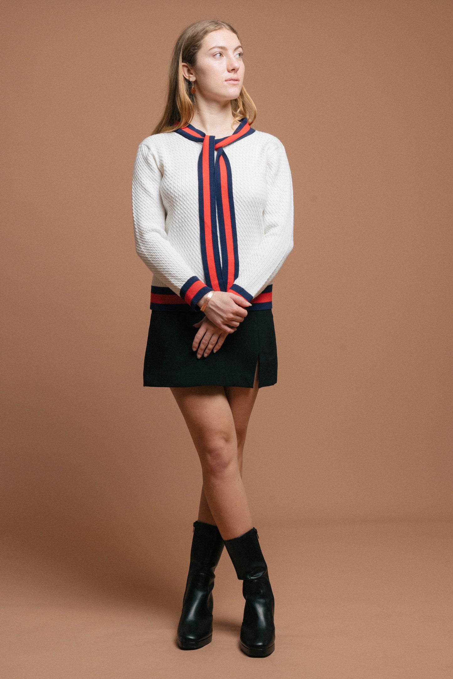 Vintage long sleeved knit with neck tie in white red and navy front view - Lemon Lane Vintage