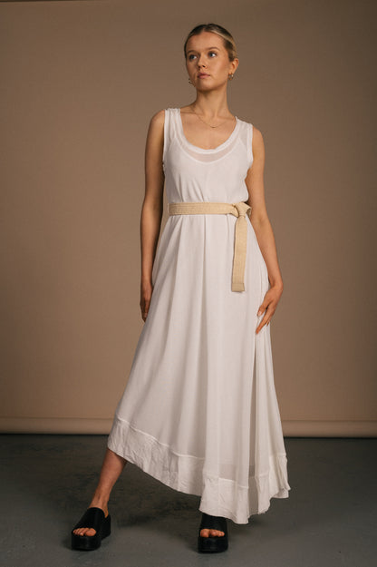 Vintage asymmetric white slip dress with rope waist tie front view - Lemon Lane Vintage