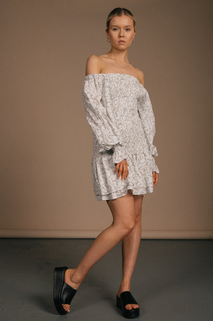 Vintage white floral long puffy sleeve mini dress front view - Lemon Lane Vintage