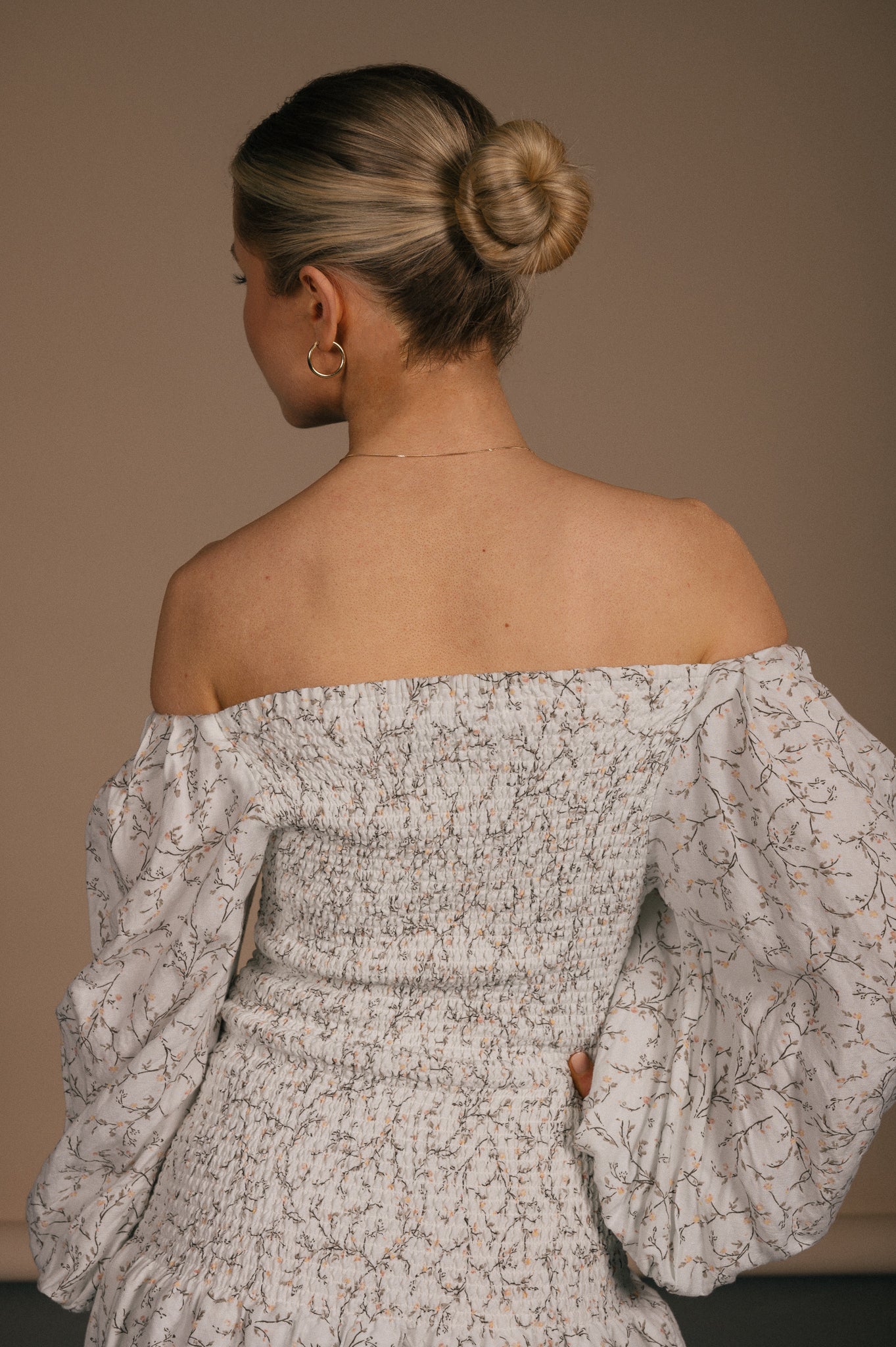 Vintage white floral long puffy sleeve mini dress back view - Lemon Lane Vintage