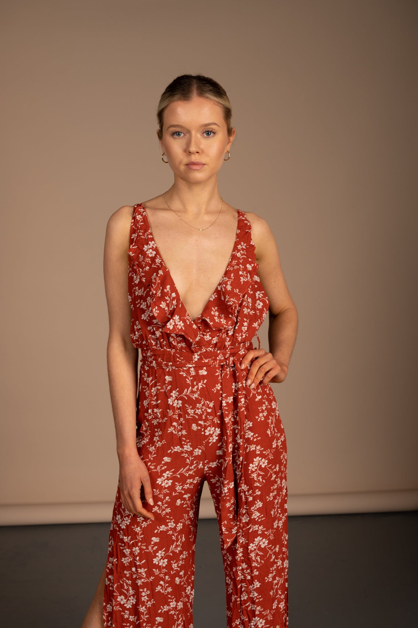 Vintage orange floral jumpsuit ruffle collar detail - Lemon Lane Vintage