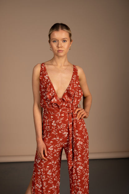 Vintage orange floral jumpsuit ruffle collar detail - Lemon Lane Vintage