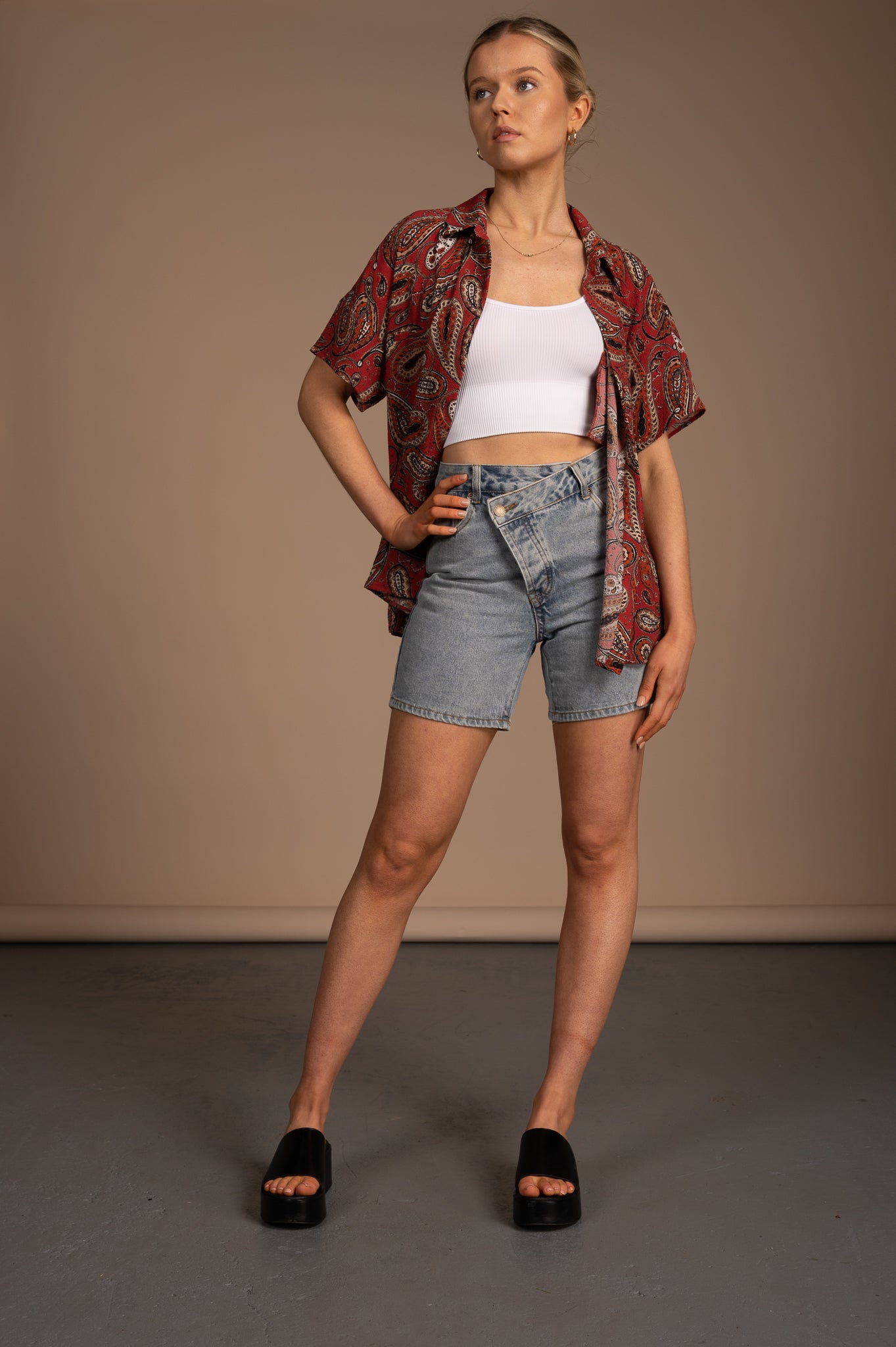 Vintage burnt orange paisley collared short sleeve button-up shirt front view - Lemon Lane Vintage