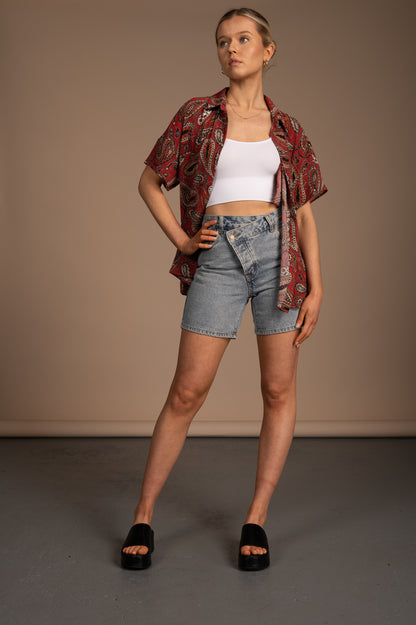 Vintage burnt orange paisley collared short sleeve button-up shirt front view - Lemon Lane Vintage