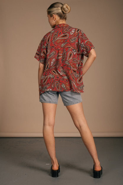 Vintage burnt orange paisley collared short sleeve button-up shirt back view - Lemon Lane Vintage