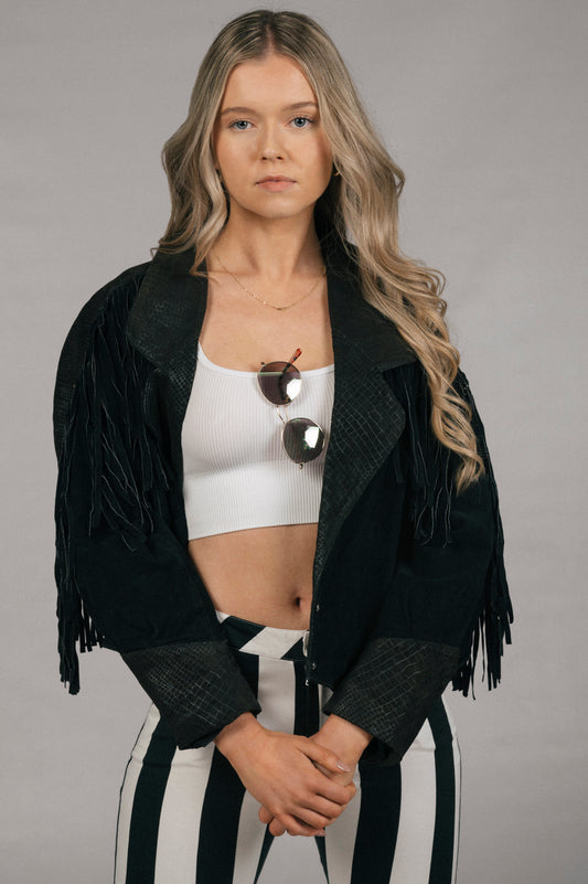 Vintage fringe bomber style black suede jacket front view - Lemon Lane Vintage