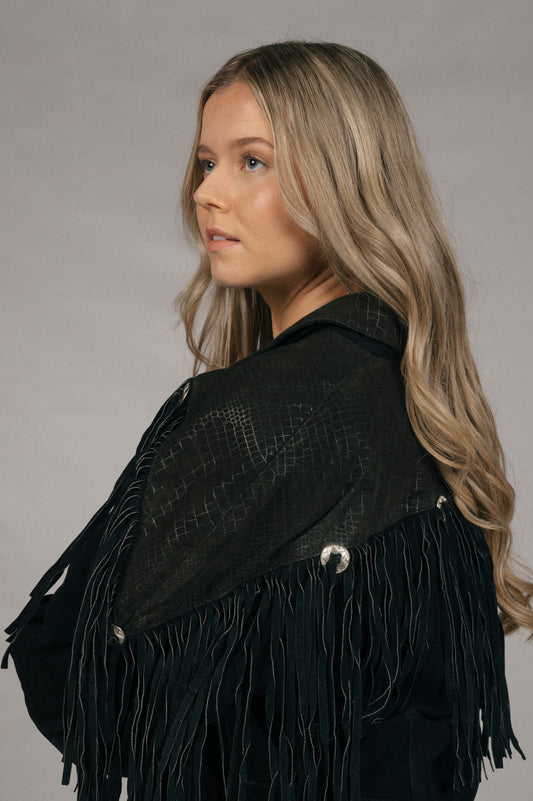Vintage fringe bomber style black suede jacket collar and fringe detail - Lemon Lane Vintage
