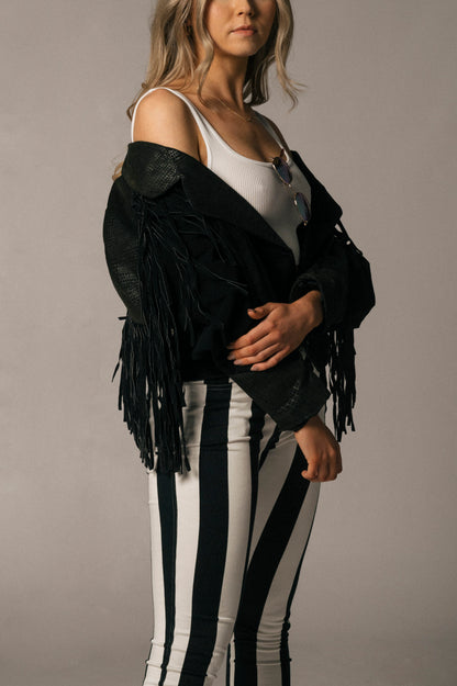 Vintage fringe bomber style black suede jacket side view - Lemon Lane Vintage