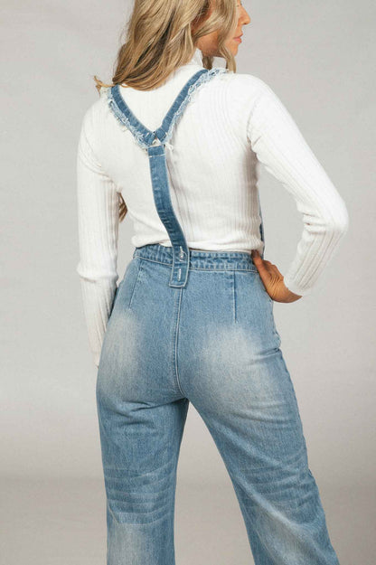 Vintage denim overalls close up view - Lemon Lane Vintage