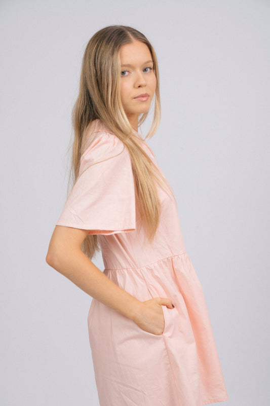 Vintage cottage core baby pink babydoll mini dress midi-length sleeve, pocket and sleeve detail - Lemon Lane Vintage
