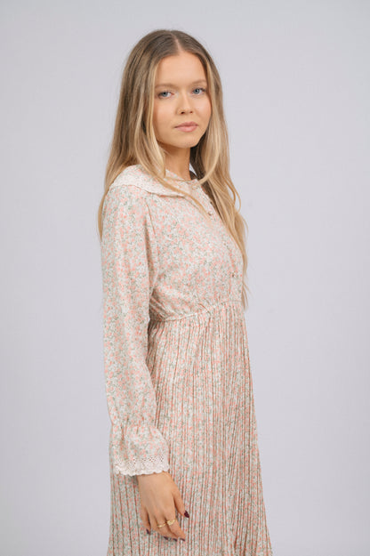 Vintage light pink 1940s-style floral midi dress bell sleeve detail cottage core prairie style - Lemon Lane Vintage