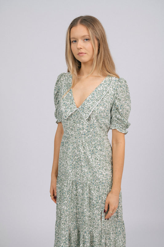 Vintage cottage core green floral tiered midi dress lace trim, soft peter pan collar, and floral fabric texture detail - Lemon Lane Vintage