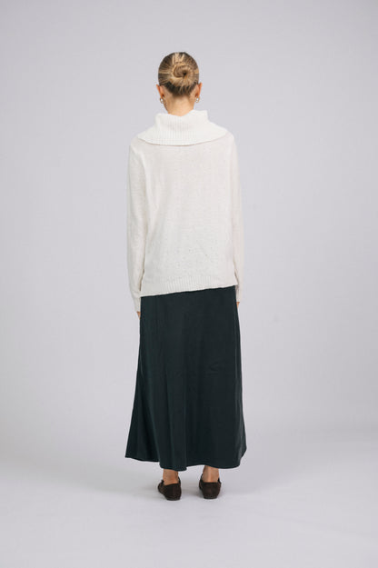 Vintage white knit turtleneck long sleeved top with ribbed trim and delicate stitch detail back view - Lemon Lane Vintage
