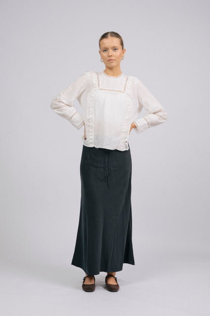 Vintage long sleeved white blouse with lace detailing front view - Lemon Lane Vintage