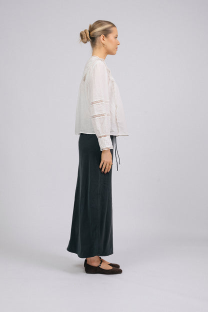 Vintage long sleeved white blouse with lace detailing side view - Lemon Lane Vintage