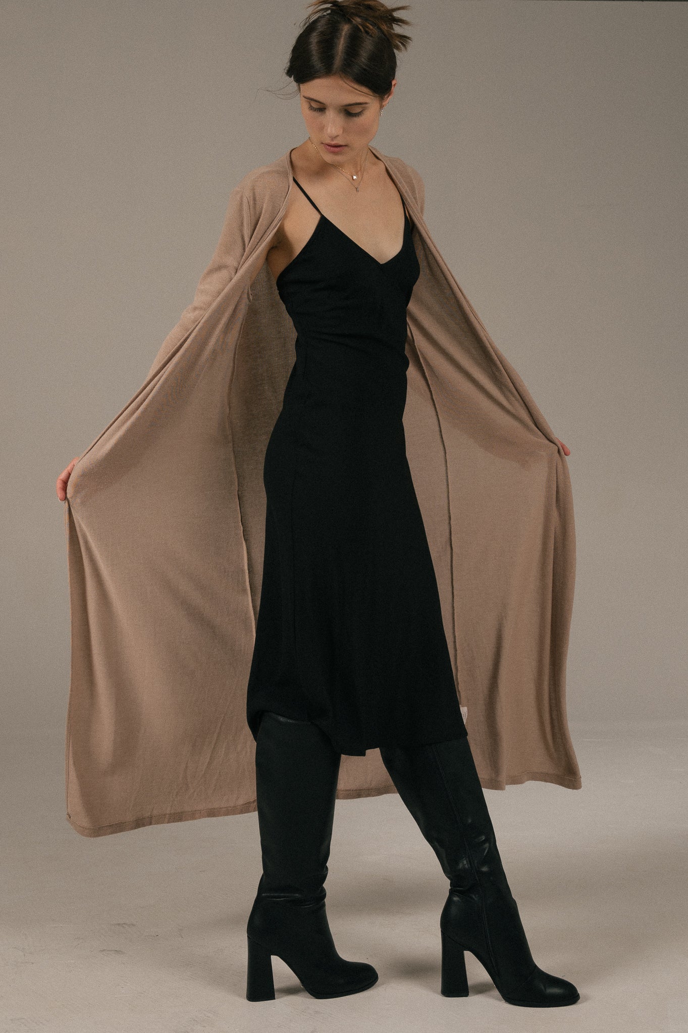 Vintage long sleeved full length beige cardigan front view - Lemon Lane Vintage