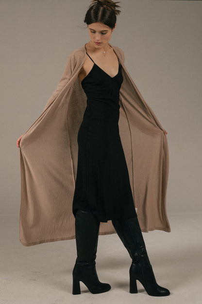 Vintage long sleeved full length beige cardigan front view - Lemon Lane Vintage