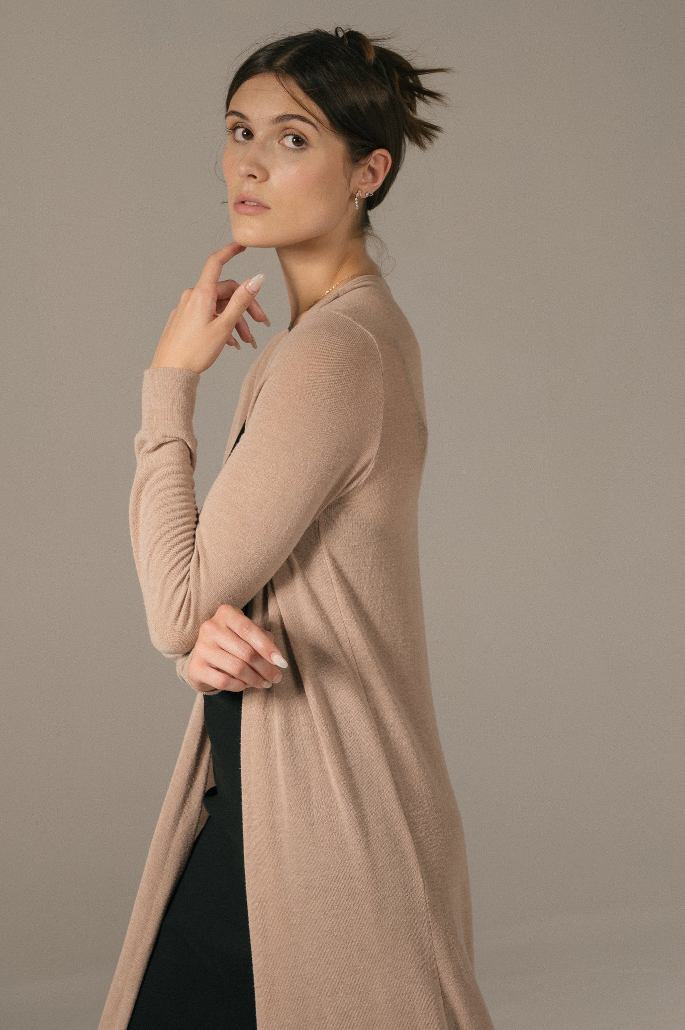 intage long sleeved full length beige cardigan side view - Lemon Lane Vintage