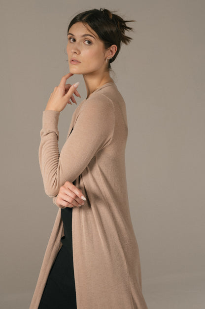 intage long sleeved full length beige cardigan side view - Lemon Lane Vintage