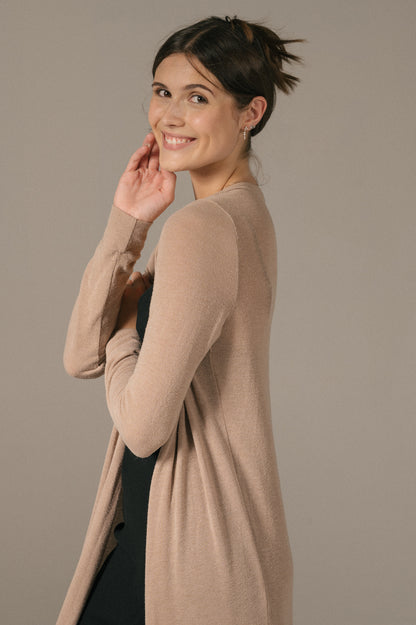 Vintage long sleeved full length beige cardigan side view - Lemon Lane Vintage"