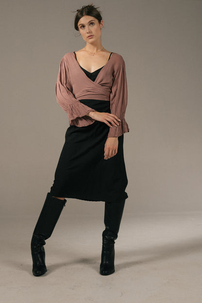 Vintage purple long puff sleeve wrap around blouse front view - Lemon Lane Vintage