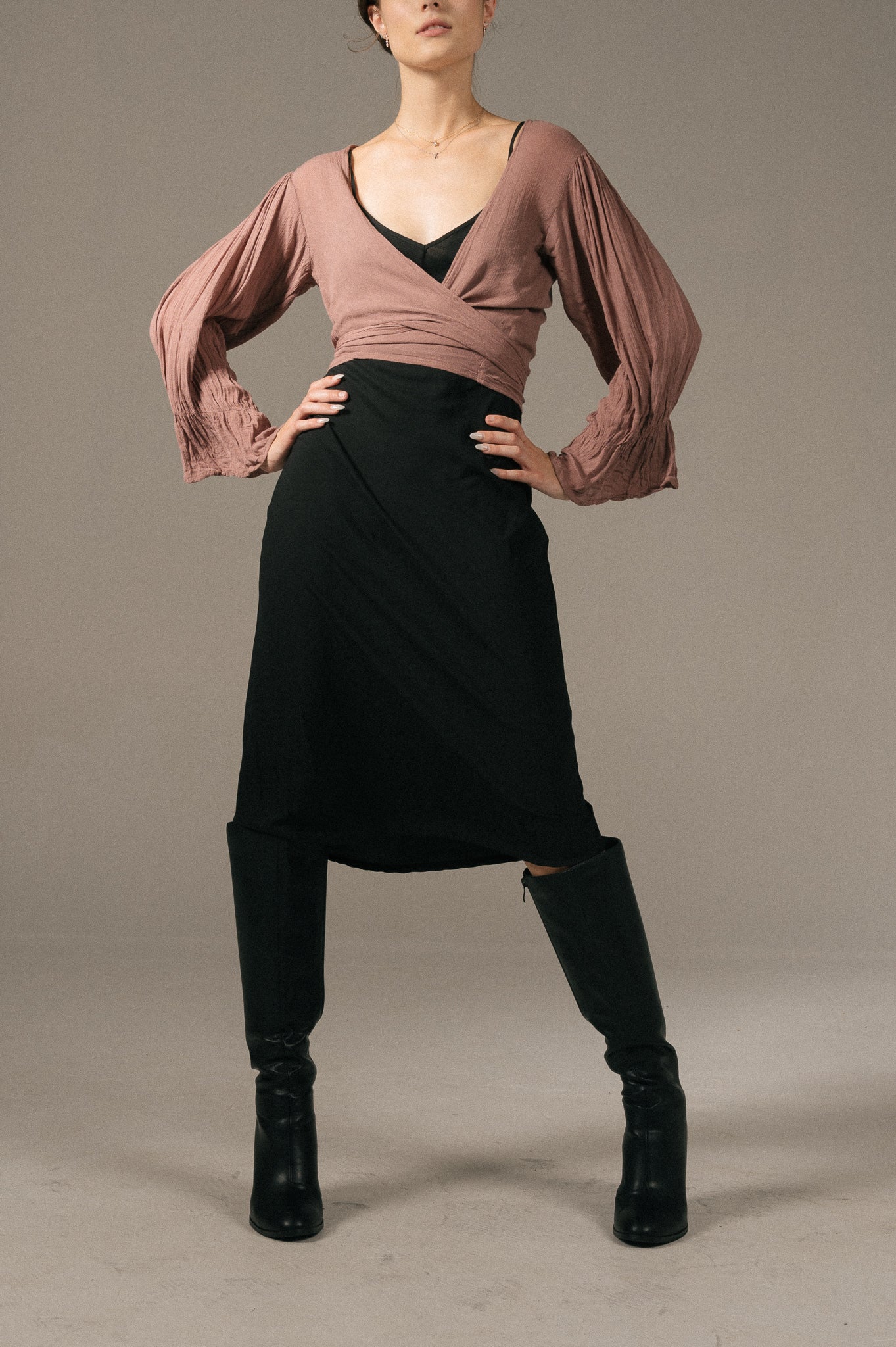 Vintage purple long puff sleeve wrap around blouse front view - Lemon Lane Vintage