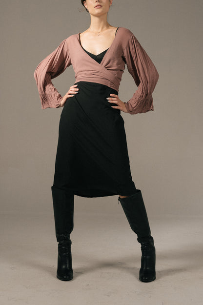 Vintage purple long puff sleeve wrap around blouse front view - Lemon Lane Vintage