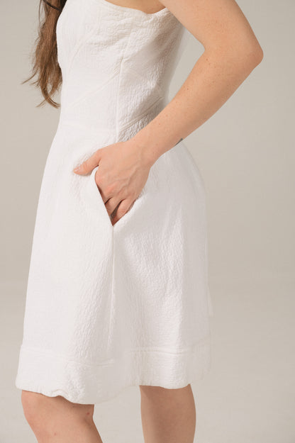 Vintage white A-line bustier mini dress pocket detail - Lemon Lane Vintage