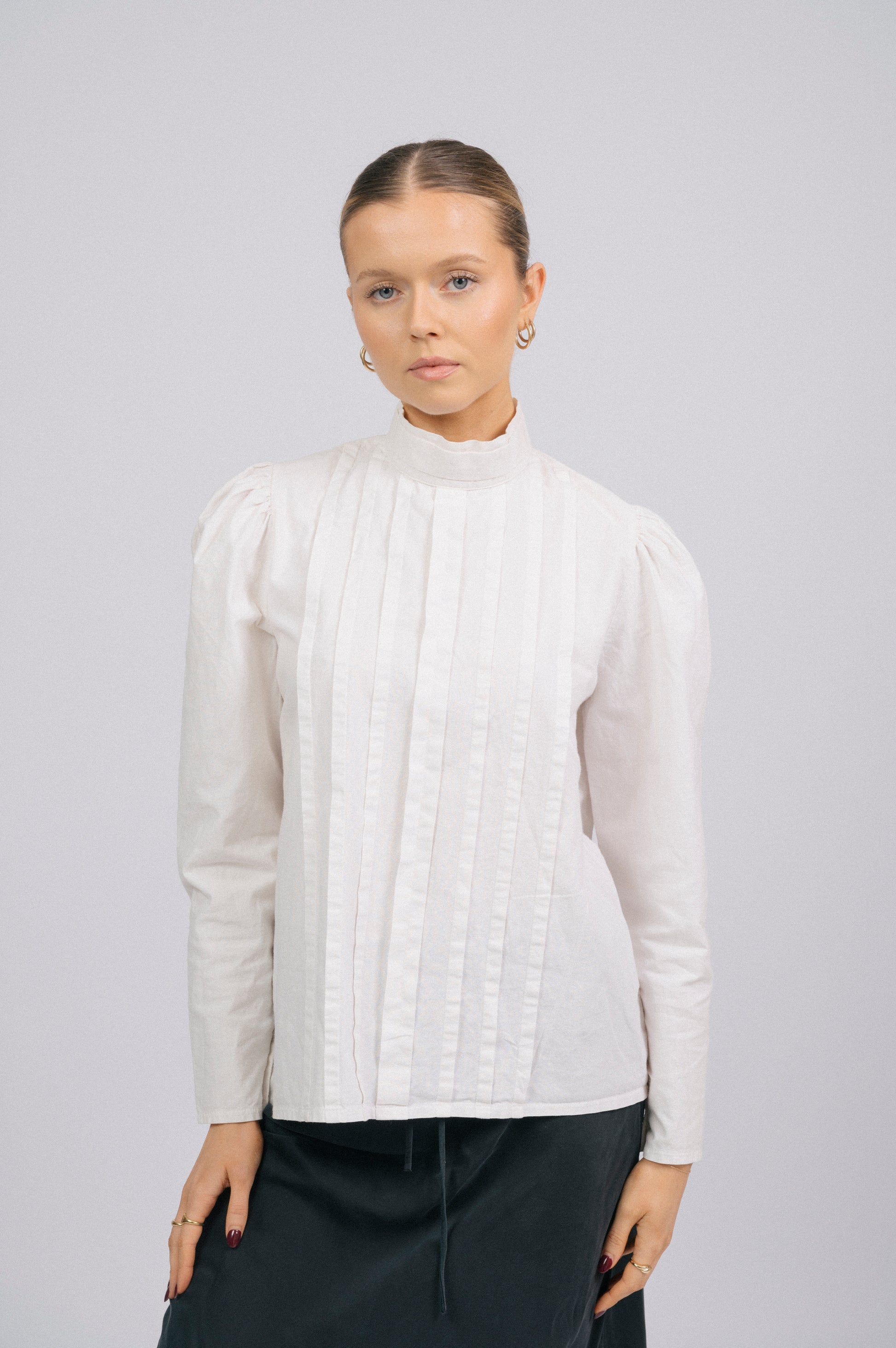 Vintage high neck long sleeved cotton blouse off white sleeve, hem detail prairie cottage core style close-up - Lemon Lane Vintage