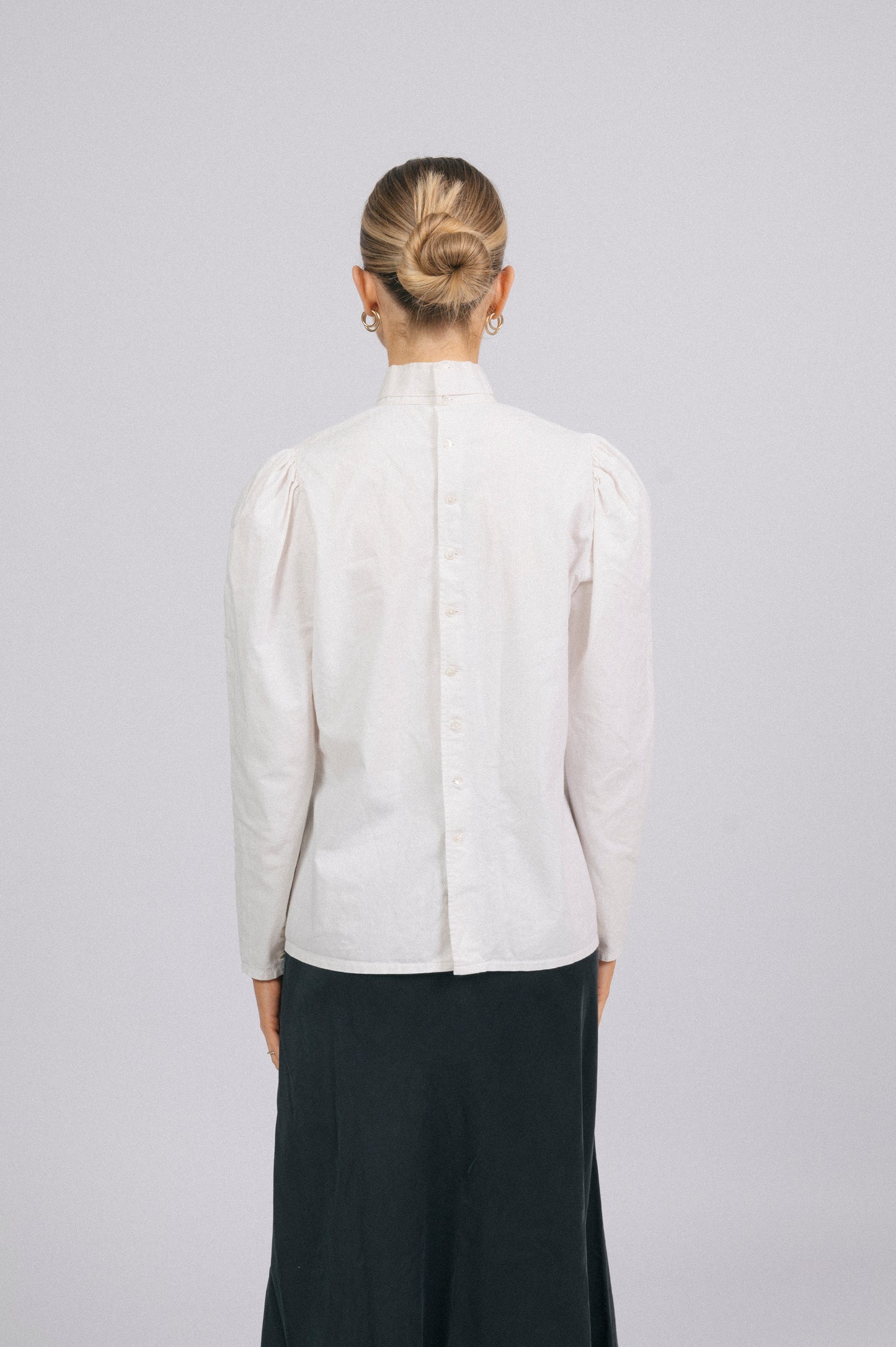 Vintage high neck long sleeved cotton blouse in off white prairie cottage core style back view - Lemon Lane Vintage