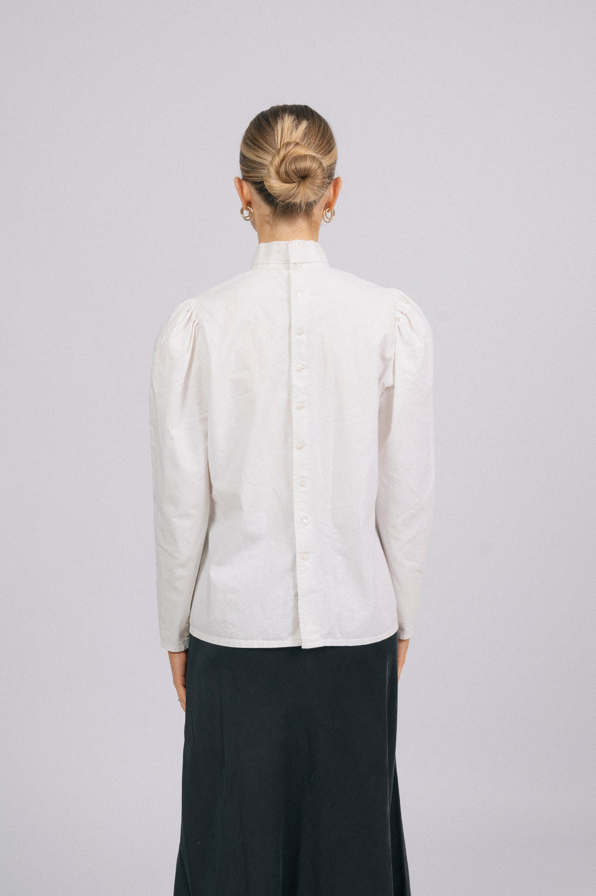 Vintage high neck long sleeved cotton blouse in off white prairie cottage core style back view - Lemon Lane Vintage