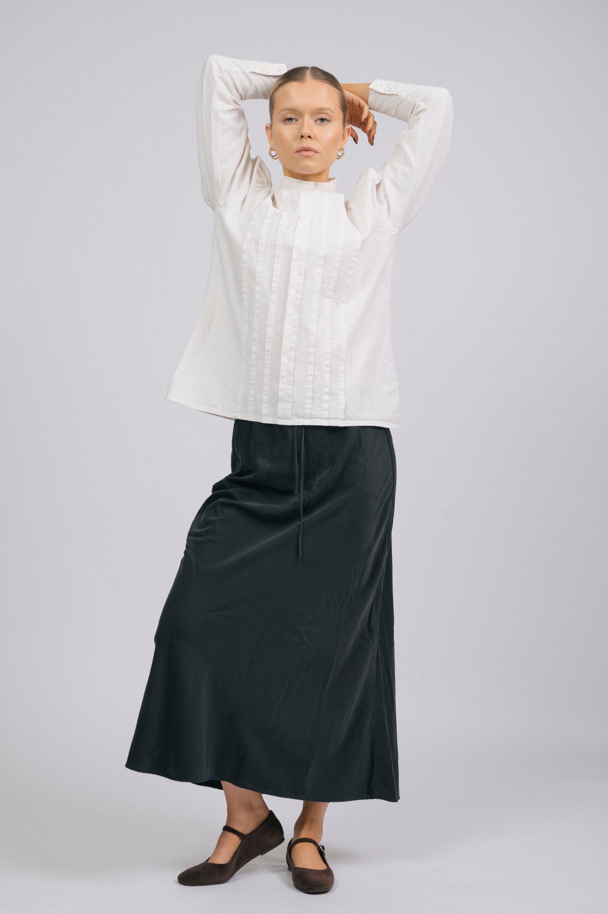 Vintage high neck long sleeved cotton blouse in off white prairie cottage core style front view - Lemon Lane Vintage