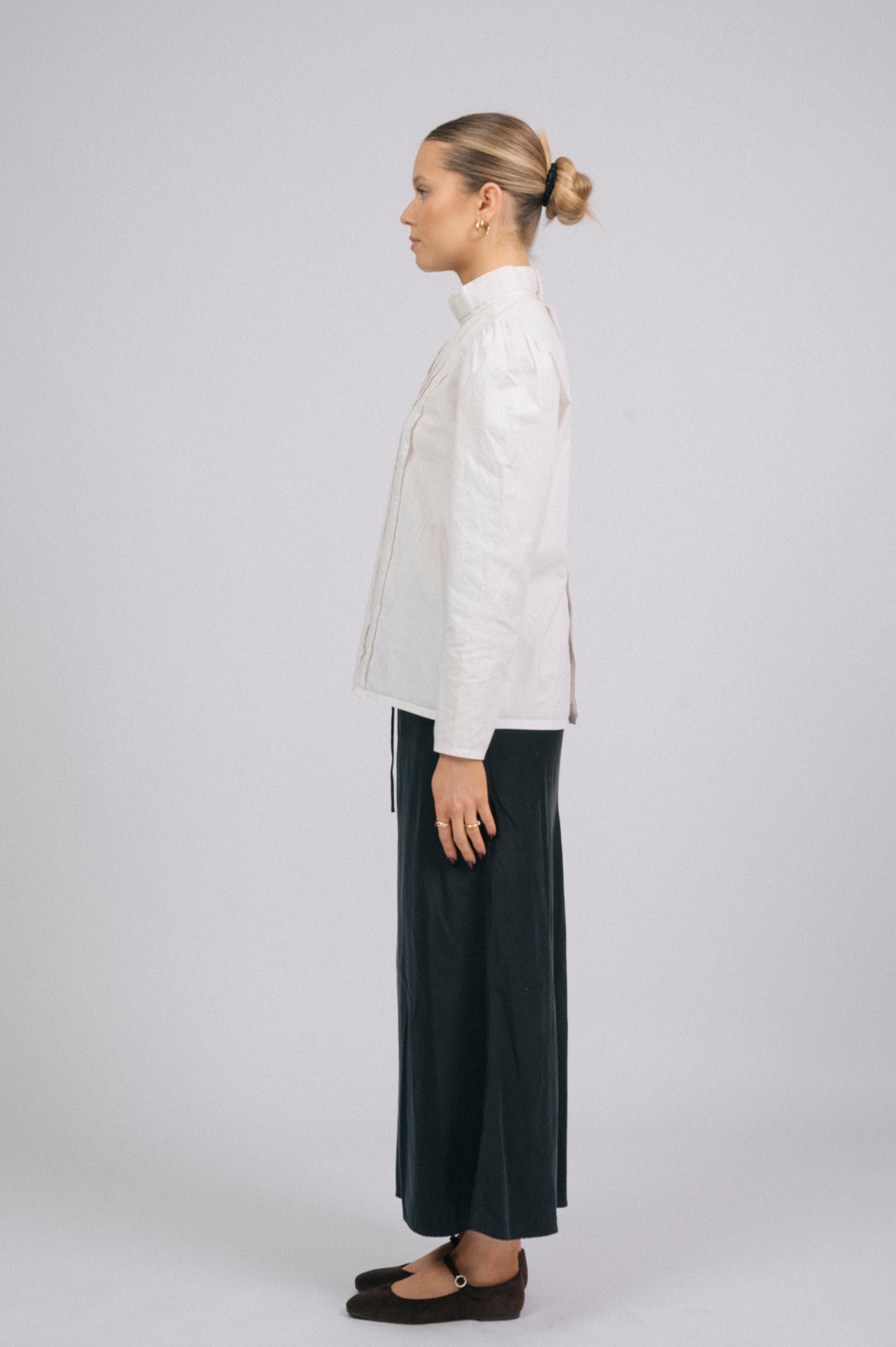 Vintage high neck long sleeved cotton blouse in off white prairie cottage core style side view - Lemon Lane Vintage