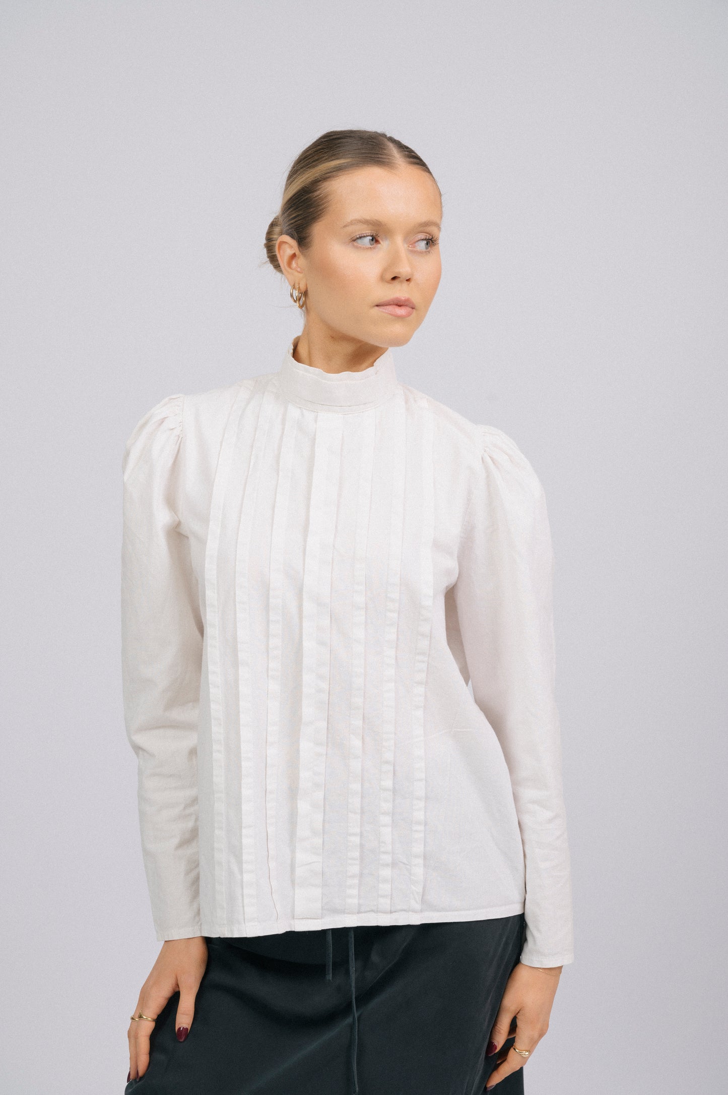 Vintage high neck long sleeved cotton blouse in off white prairie cottage core style front view - Lemon Lane Vintage