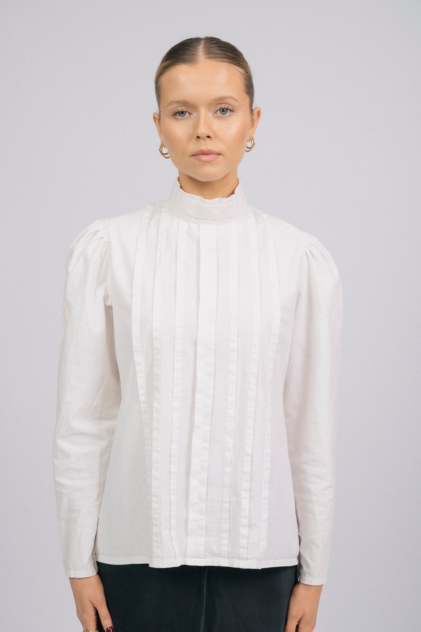 Vintage high neck long sleeved cotton blouse in off white prairie cottage core style front view - Lemon Lane Vintage