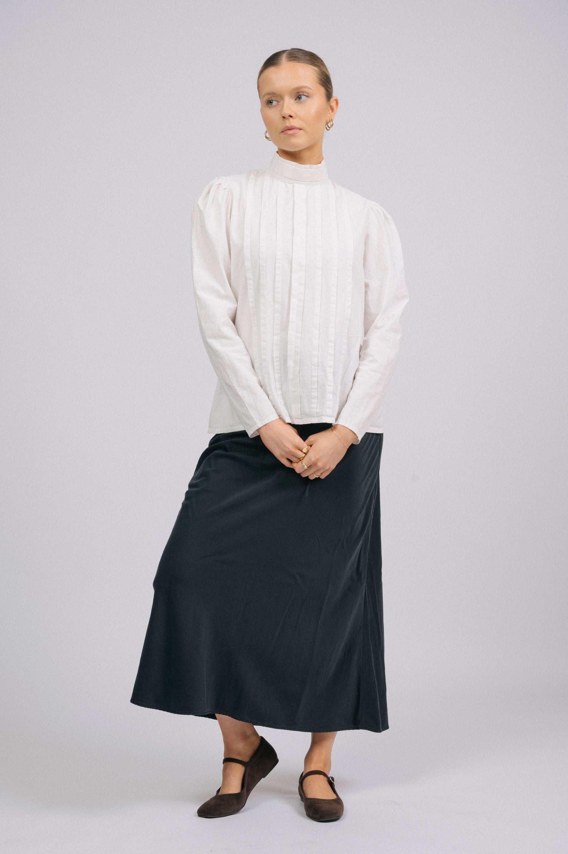 Vintage high neck long sleeved cotton blouse in off white prairie cottage core style front view - Lemon Lane Vintage