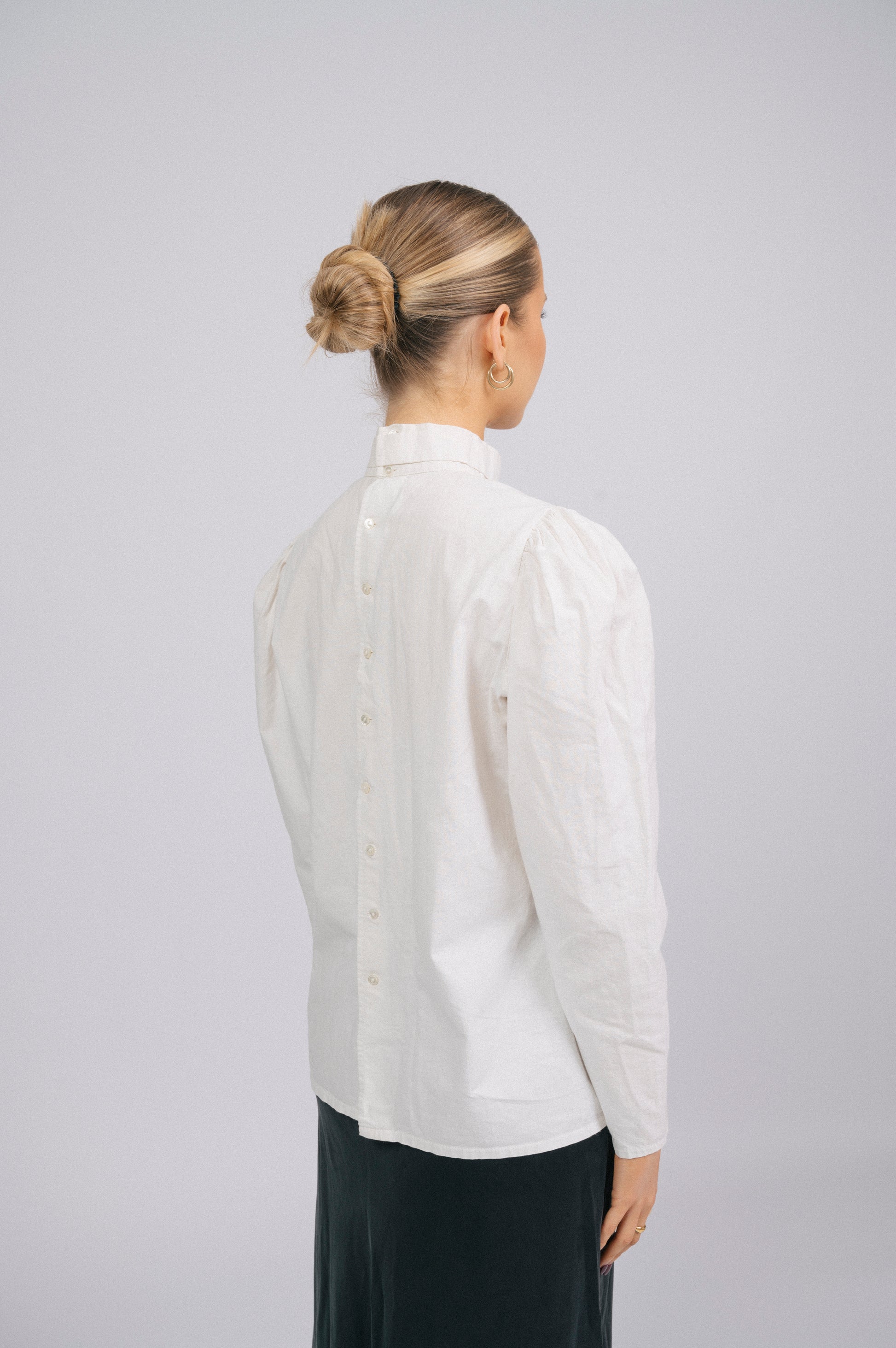 Vintage high neck long sleeved cotton blouse off white sleeve detail prairie cottage core style close-up - Lemon Lane Vintage