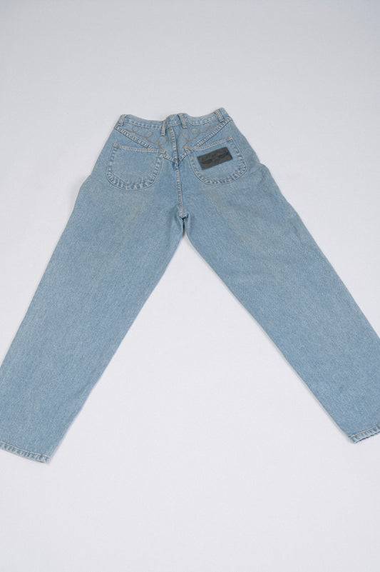Vintage light denim wash straight leg jeans with embroidered detail and pockets back view - Lemon Lane Vintage