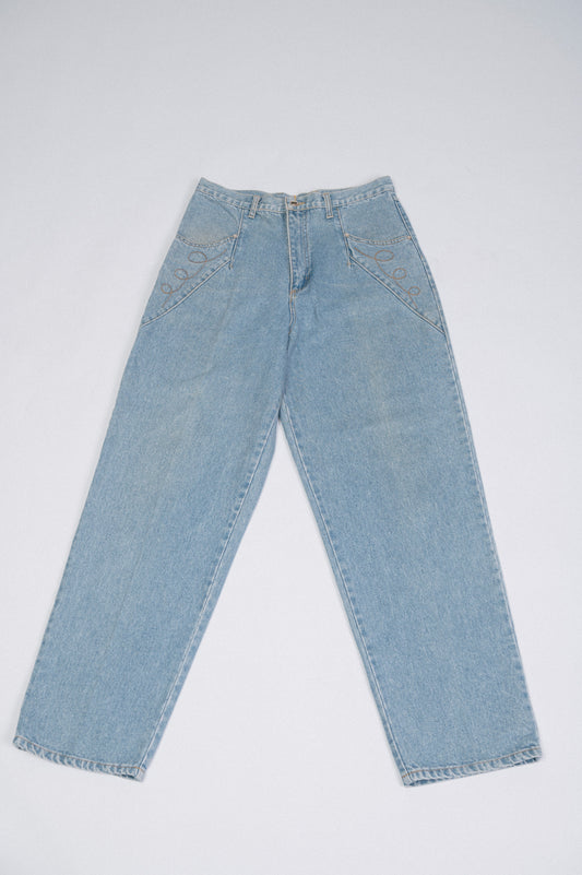 Vintage light denim wash straight leg jeans with embroidered detail and pockets front view - Lemon Lane Vintage