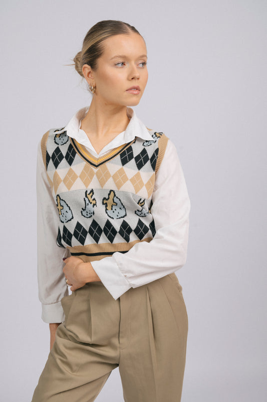 Vintage knit vest and attached collared shirt combo sleeve detail close-up - Lemon Lane Vintage