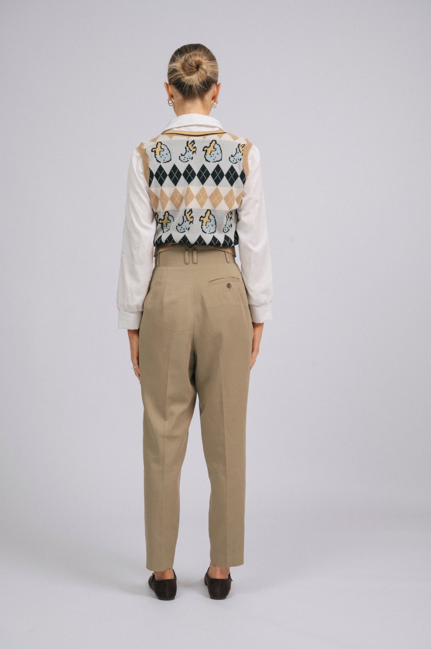 Vintage knit vest and attached long sleeved collared shirt combo with strawberry pattern back view - Lemon Lane Vintage