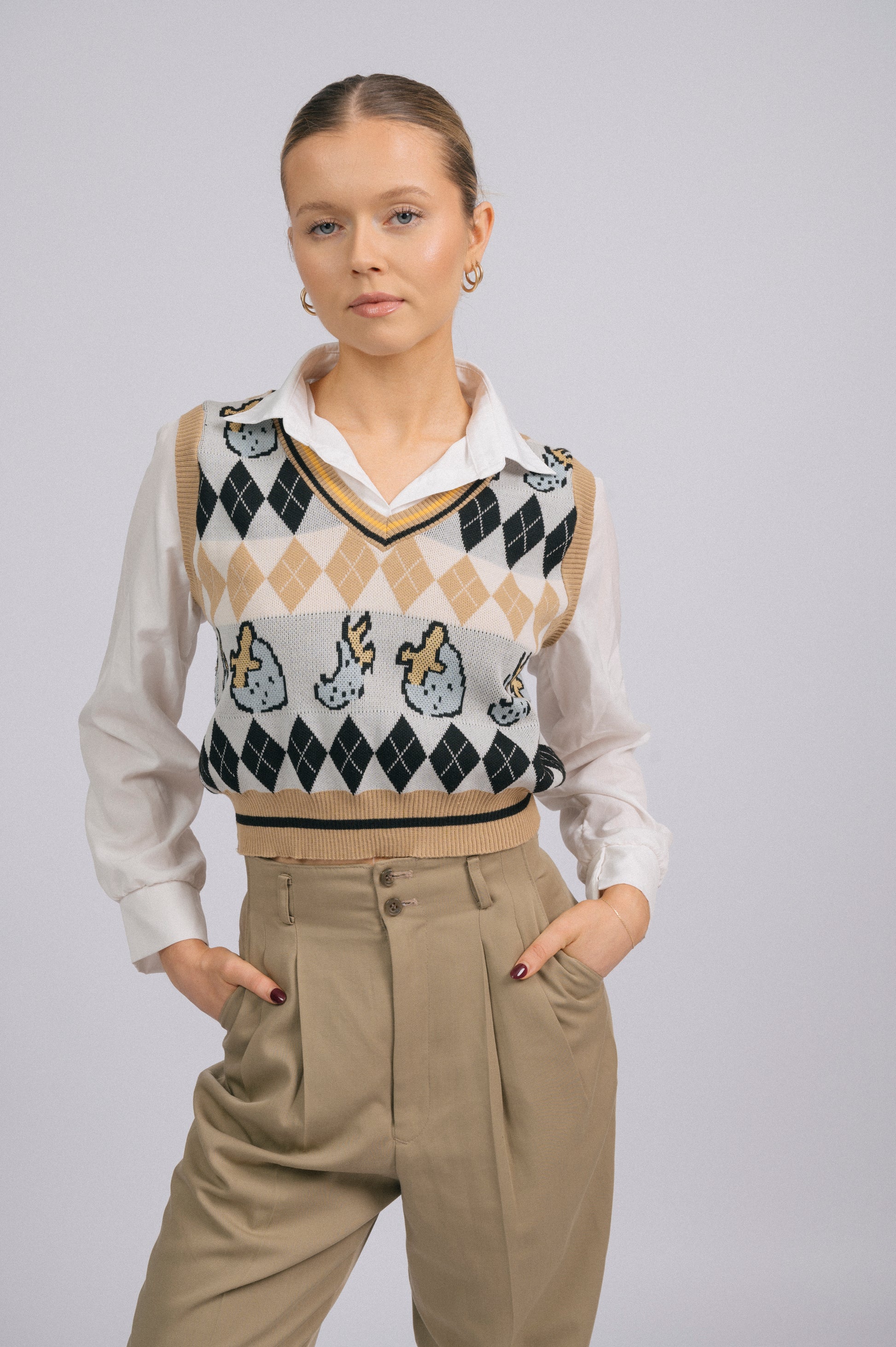 Vintage knit vest and attached long sleeved collared shirt combo with strawberry pattern front view - Lemon Lane Vintage