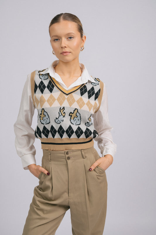 Vintage knit vest and attached long sleeved collared shirt combo with strawberry pattern front view - Lemon Lane Vintage