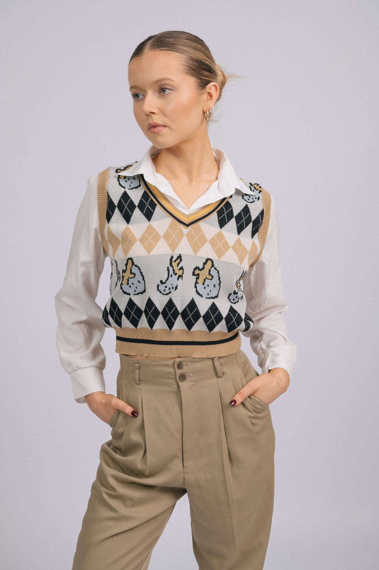 Vintage knit vest and attached long sleeved collared shirt combo with strawberry pattern front view - Lemon Lane Vintage