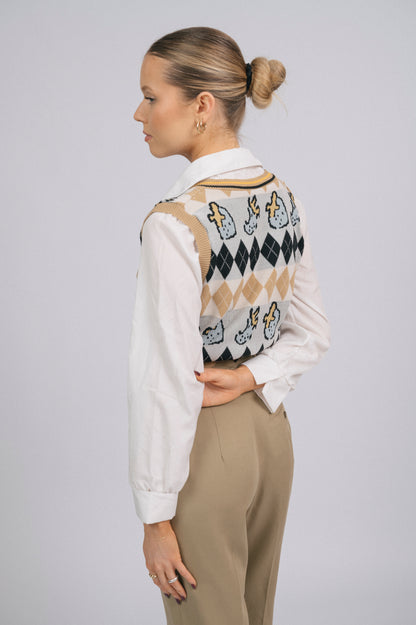 Vintage knit vest and attached collared shirt combo sleeve detail close-up - Lemon Lane Vintage
