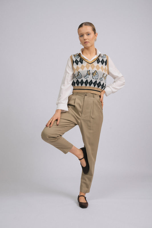 Vintage tailored high-waisted khaki green pants with pockets front view - Lemon Lane Vintage