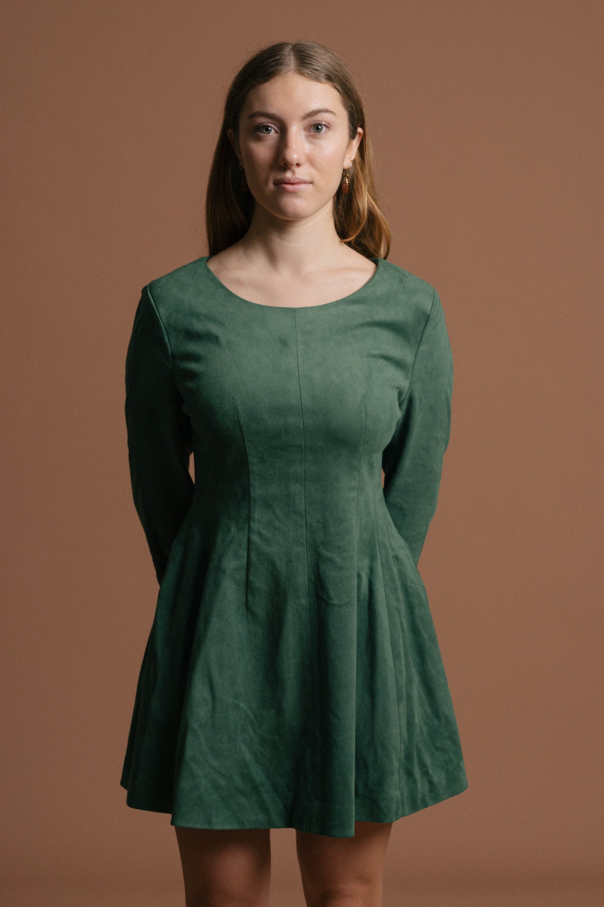 Vintage emerald velvet long sleeve mini A-line dress front view - Lemon Lane Vintage