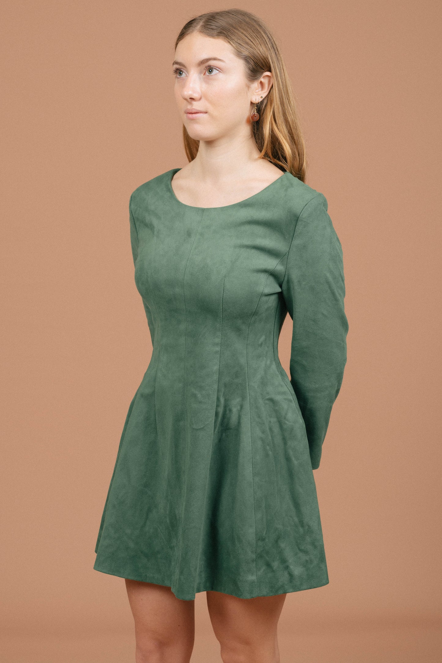 Vintage emerald velvet mini A-line dress neckline and hem detail - Lemon Lane Vintage